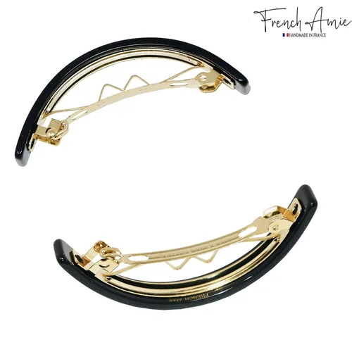 Vista 3 de French Amie Pasador automático hecho a mano de acetato de celuloide pequeño negro curvado de 2.5 pulgadas con cierre dorado