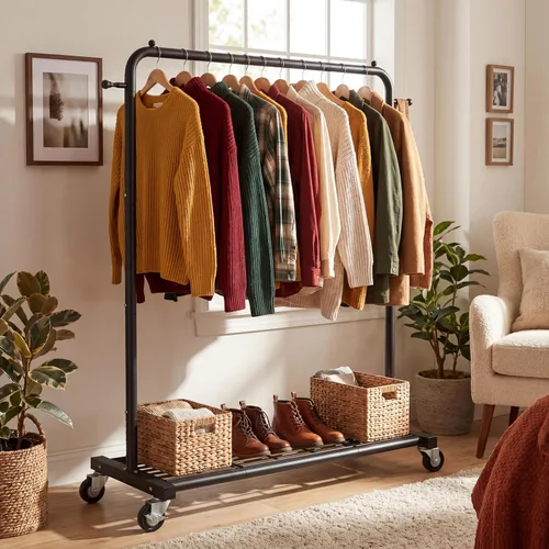 Vista 2 de Sywhitta Perchero con ruedas con estante de almacenamiento de malla y marco de metal resistente, perchero con ruedas para colgar ropa, abrigos