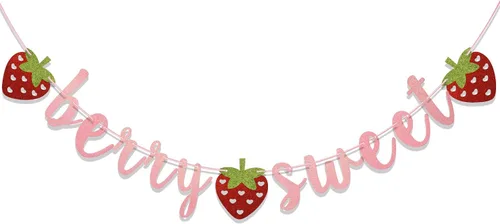 Vista 9 de Banner dulce de fresa y bayas, decoraciones de fiesta de fresa Suministros de fiesta temática de bayas de verano con purpurina dorada para baby