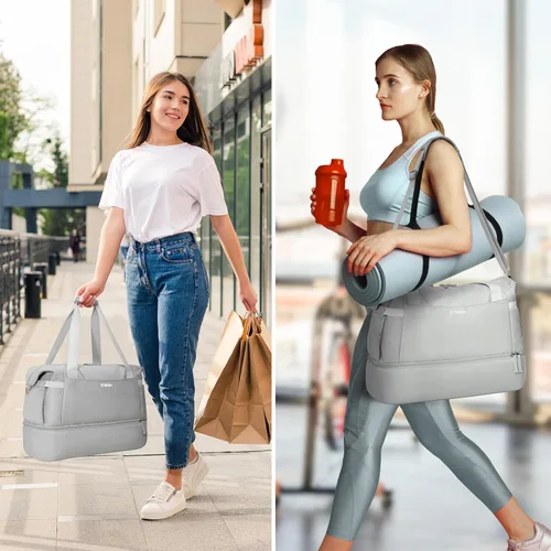 Vista 6 de Bolsa de lona de gimnasio para mujer, gris, Bolsa de gimnasio con puerto de carga USB