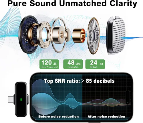 Vista 2 de Micrófono Lavalier inalámbrico para iPhone/Android - Mini micrófono dual con cancelación de ruido con funda de carga (30H), micrófono de clip