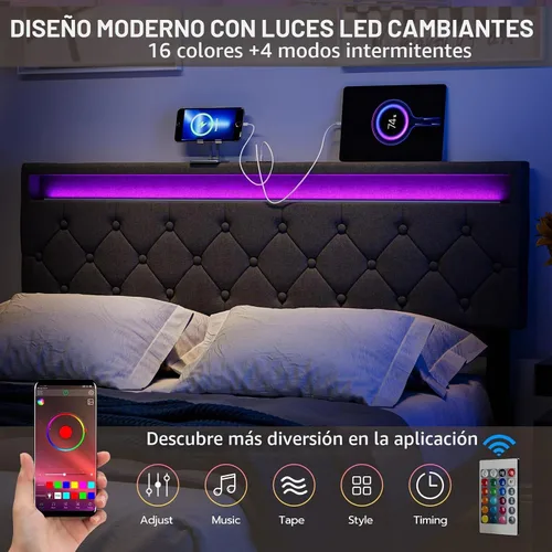 Vista 4 de IKIFLY Cabecera tapizada tamaño Queen con luces LED, puerto USB y tipo C 39.4"-43.3" Adjustable Height, Button Tufted Linen Fabric Padded Queen