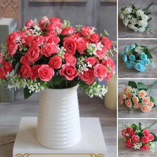 Vista 2 de Flor artificial de gama alta 5 tenedor 15 mini rosas decoración del hogar