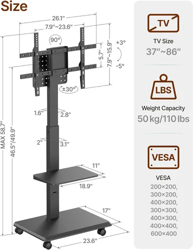 Vista 7 de Soporte de TV rodante con base de acero para televisores de 37 a 86 pulgadas hasta 50 kg, soporte móvil para TV con rotación, inclinación y giro