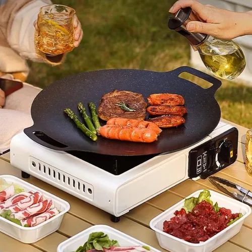 Vista 2 de Sartén para barbacoa, parrilla coreana de hierro fundido antiadherente, sartén redonda portátil con asas dobles para el hogar, cocina, camping