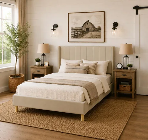 Vista 3 de Upholstered Bed Frame with Wingback Headboard and Wood Slats (Beige-Linen, Twin)