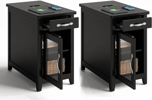 Vista 21 de LINSY HOME - Mesa auxiliar con estación de carga, mesa lateral para dormitorio con cajón y soporte desmontable, estante de almacenamiento con puerta