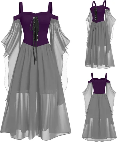 Vista 2 de Vestido de Traje renacentista para Mujer Manga de Mariposa hombro frío gótico Steampunk cremallera Vestido Medieval