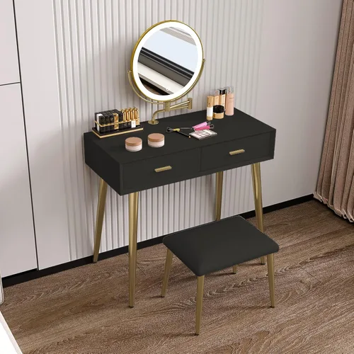 Vista 2 de Escritorio de tocador con espejo y luces, tocador de maquillaje con cajones y taburete, juego de tocador con superficie de cuero, mesa de tocador