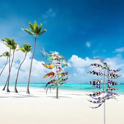 Vista 3 de Molino de viento metálico único y mágico, 2 hilanderos de viento, escultura cinética alimentada por viento 3D, molinos de viento de acero