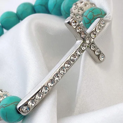 Vista 6 de Bocar Pulsera elástica de cuentas de cristal con cruz lateral chapada en metal
