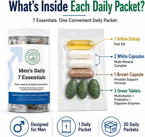 Vista 3 de Daily 7 Essentials Paquete de Vitaminas para Hombres - Paquete de 7 Multivitamínicos y Multiminerales para Hombres Adultos para Energía