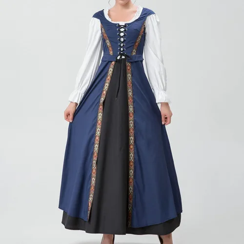 Vista 2 de Vintage Retro Costume for Women Renaissance Patchwork Long Sleeve Dress Square Neck Tunic Steampunk Long Dresses