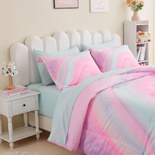 Vista 18 de Wajade Juego de edredón de 7 piezas con lazo azul para niñas, juego de ropa de cama tamaño individual con sábana y 2 fundas de almohada, 2 fundas
