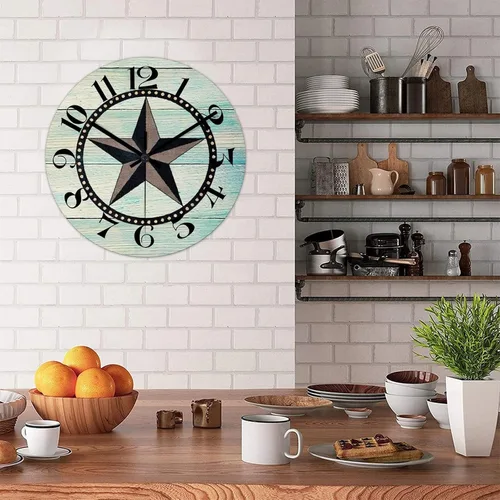 Vista 4 de Reloj de pared redondo de estilo rústico con estrellas del oeste de Texas, reloj de madera, silencioso, sin tictac, funciona con pilas, con números