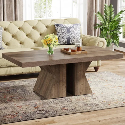 Vista 3 de Tribesigns Mesa de centro de madera, mesa central rectangular de 47 pulgadas con base de madera gruesa, mesa de cóctel con aspecto de madera