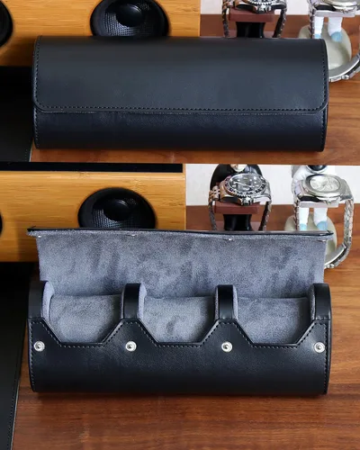 Vista 5 de Caja organizadora de relojes para hombre, rollo de viaje, portátil, 3 relojes, almacenamiento con secciones de terciopelo para sostener reloj grande