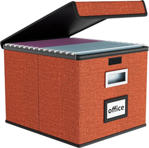 Vista 71 de Caja organizadora de archivos Huolewa con tapa, caja organizadora de carpetas de archivos colgantes de cuero sintético plegable con deslizadores