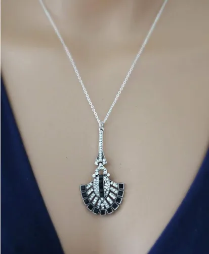 Vista 2 de Art Deco Vintage Vintage Flapper Gatsby Estilo Boda Nupcial Jet Negro Onyx Rhinestone 18 pulgadas Cadena Colgante Collar, Plata esterlina, imitación