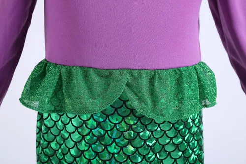 Vista 4 de Disfraz de sirena Ariel para niñas, disfraz de Halloween, cosplay, fiesta de cumpleaños con diadema, peluca, collar