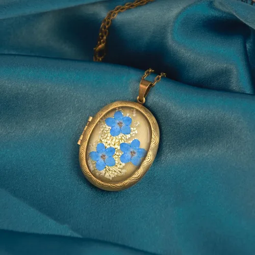 Vista 90 de Collar de flores silvestres prensadas con encaje de Forget-Me-Not y Queen Anne Collar de flores prensadas de oro Collares hechos a mano