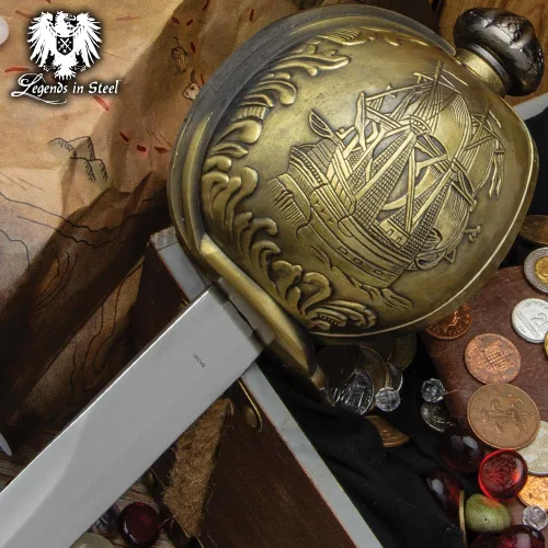 Vista 5 de Sable pirata Cutlass Hoja de acero inoxidable de 22" Cast Metal Basket Hilt Guard Pirate Artwork Accents Perfect for Reenactors 28 1/4