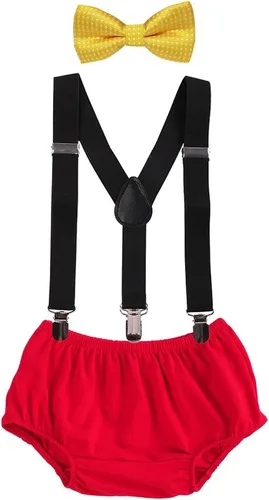Vista 28 de Conjunto de ropa para festejar el primer cumpleaños de bebés, calzón pañalero con tirantes y corbata de moño. Beige & Blue