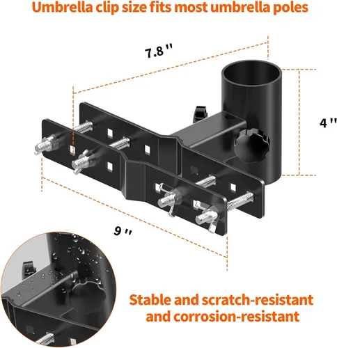 Vista 6 de Soporte para sombrilla de balcón para exteriores, soporte de metal ajustable resistente para patio, abrazadera de montaje para valla, barandilla