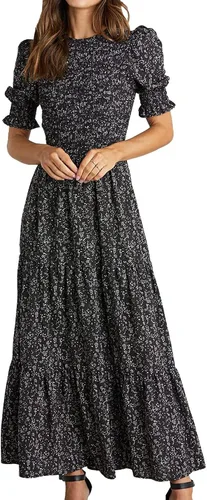 Vista 122 de BTFBM Vestidos para mujer, cuello redondo, casual, de verano, con volantes, manga corta, bohemio, con niveles, fruncido, largo, con estampado floral