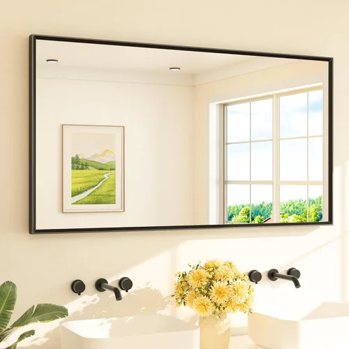 Vista 17 de TETOTE Espejo de baño dorado cepillado de 20" x 30", espejo de tocador de baño rectangular de latón dorado cepillado con marco biselado para sobre