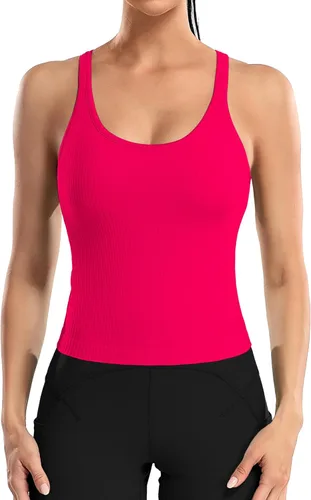 Vista 178 de ATTRACO Camiseta corta acanalada de entrenamiento para mujer con brasier integrado para yoga, espalda cruzada, ajuste ajustado