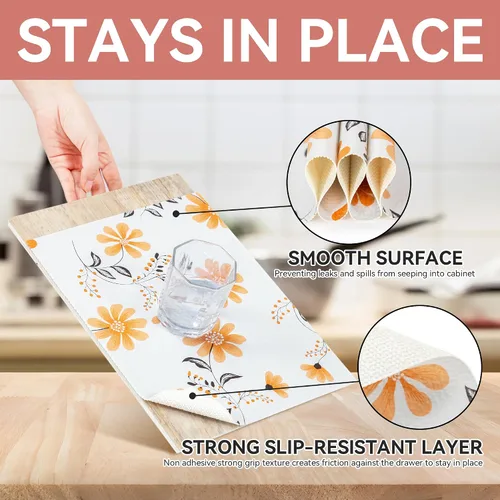 Vista 3 de RAY STAR Forro para Estantes, Revestimiento No Adhesivo con Estampado Floral de Margaritas para Cajón de Despensa, Agarre Fuerte Antideslizante
