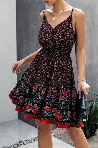 Vista 2 de PRETTYGARDEN - Vestido corto floral de verano, cuello en V, tirantes delgados, abotonado, vestido de verano, vestido mini de verano con volantes
