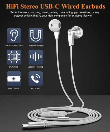 Vista 2 de Auriculares USB C, auriculares magnéticos USB-C con cable, auriculares estéreo de alta fidelidad tipo C con micrófono de control de volumen