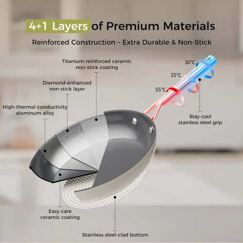 Vista 4 de Sartén antiadherente de cerámica, sartén Diamond-Titan de 8 pulgadas, sartenes antiadherentes con mango Stay Cool para inducción, apto para Beige