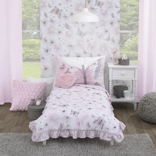 Vista 11 de Everything Kids Juego de cama infantil que brilla en la oscuridad con 4 piezas. Hada mágica, rosa, naranja, lavanda. Dinosaurios