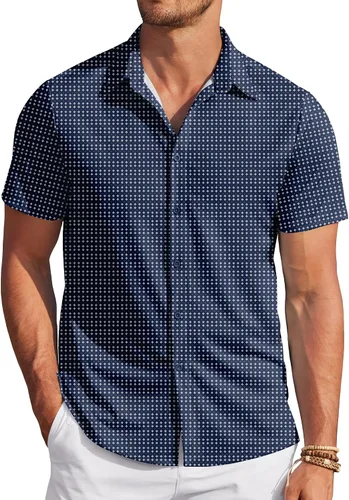 Vista 12 de COOFANDY - Camisas sin arrugas para hombre, casual, manga corta, con botones, de verano, elástica, de vestir