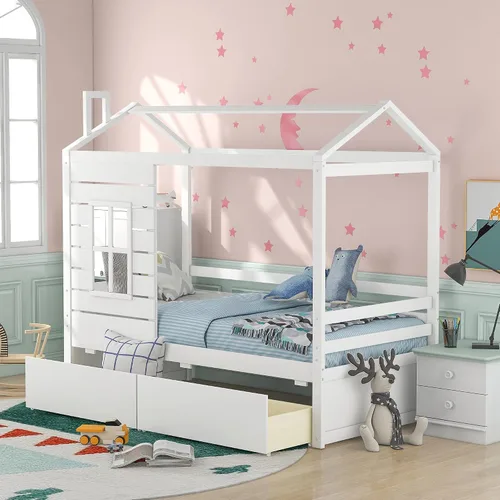 Vista 21 de Cama de madera maciza tamaño individual con techo, nido, 3 cajones de almacenamiento, sofá cama de plataforma para muebles de dormitorio, sala