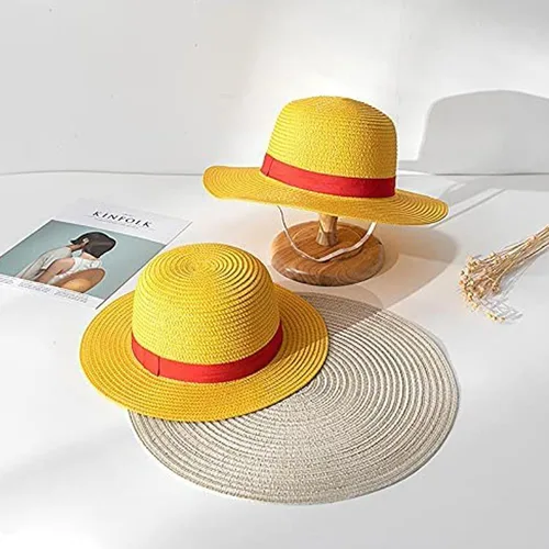 Vista 2 de Sombrero de paja Luffy sombrero de cosplay sombreros para Halloween, disfraz de actuación, sombrero de paja para hombres, mujeres y niños, correa