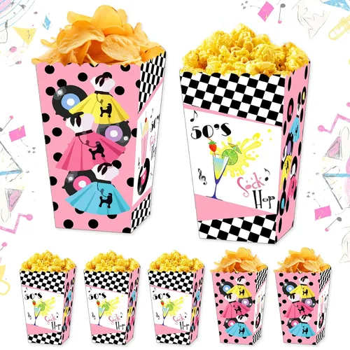 Vista 9 de JeVenis Cajas de palomitas de maíz para fiesta de calcetines de los años 50, decoraciones de fiesta temática de los años 50, decoraciones