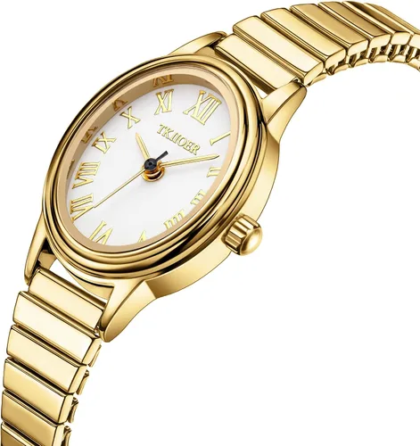 Vista 2 de Relojes pequeños de oro para mujer, reloj analógico de esfera fácil de leer, caja ovalada, banda de expansión de acero inoxidable, reloj impermeable