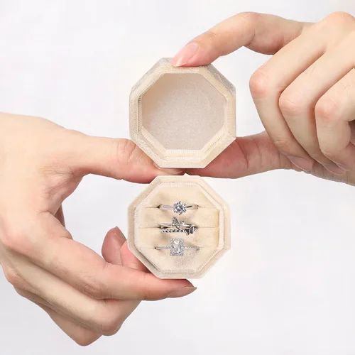 Vista 3 de WantGor Caja de terciopelo para anillos, 3 ranuras, caja de regalo para anillos de joyería, caja de regalo vintage para ceremonia de boda