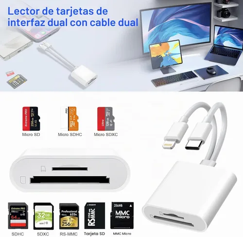 Vista 2 de Lector de tarjetas SD Denlane para iPhone iPad, lector de tarjetas de memoria con interfaz dual USB C y Lightning, adaptador de cámara digital