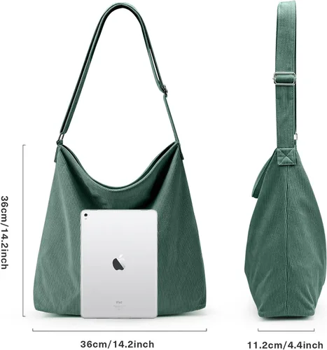 Vista 2 de KALIDI - Bolsa de pana para mujer, con cremallera, casual, de gran capacidad, con bolsillos