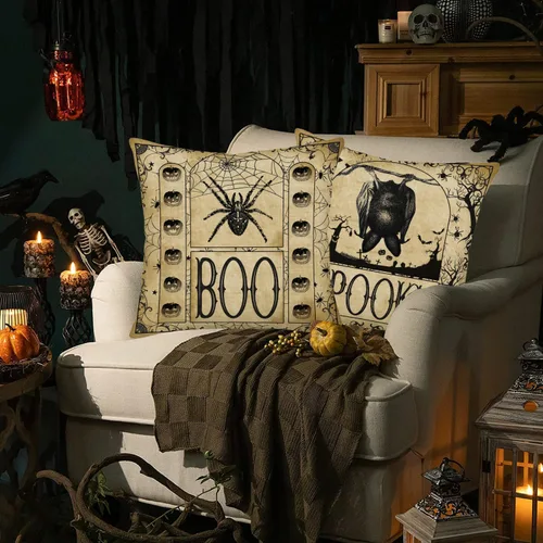Vista 5 de Juego de 4 fundas de almohada de 16 x 16 pulgadas con texto en inglés «Happy Halloween» de Halloween con diseño de calabaza espeluznante y B Vintage