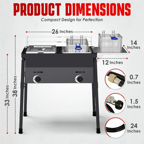 Vista 2 de Freidora de propano de doble tanque, grado comercial, de alta capacidad, con características de seguridad, ideal para catering y eventos al aire