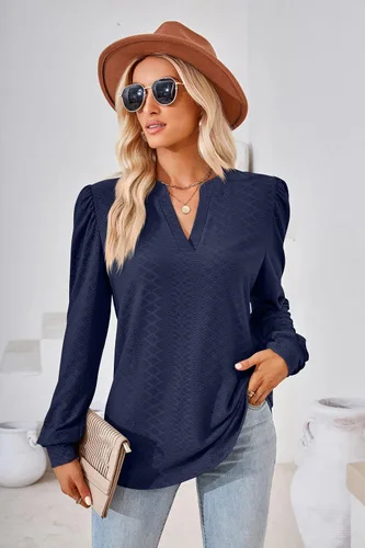 Vista 5 de Blusa casual de manga larga abombada con cuello en V para mujer