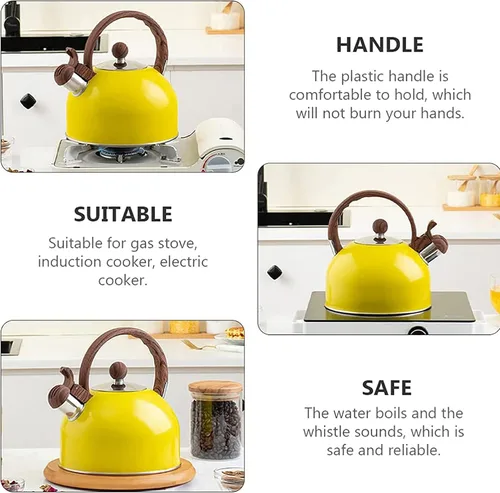 Vista 5 de Vilihkc Hervidor de té de acero inoxidable con mango anticalor de grano de madera, 2.6 cuartos de galón/2.5 litros, silbidos fuertes para té, café