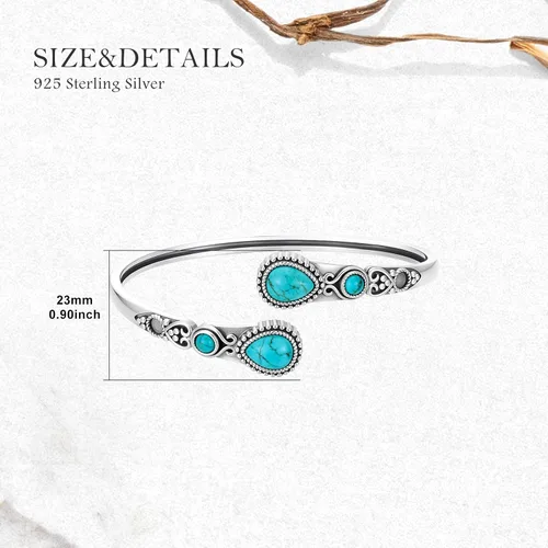Vista 5 de Pulsera de turquesa para mujer, plata de ley 925, turquesa auténtica, pulsera abierta, ajustable, apilable, vintage, piedra natural, regalos