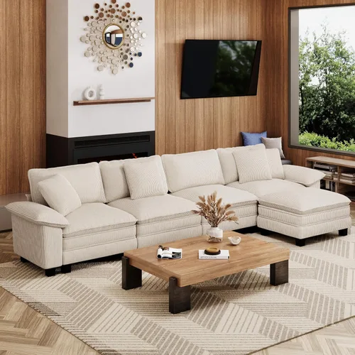 Vista 51 de Sofá seccional en forma de U de 123 pulgadas con cojines tipo nube, juego de sofá modular de asiento profundo con 5 asientos y 2 otomanos, brazos
